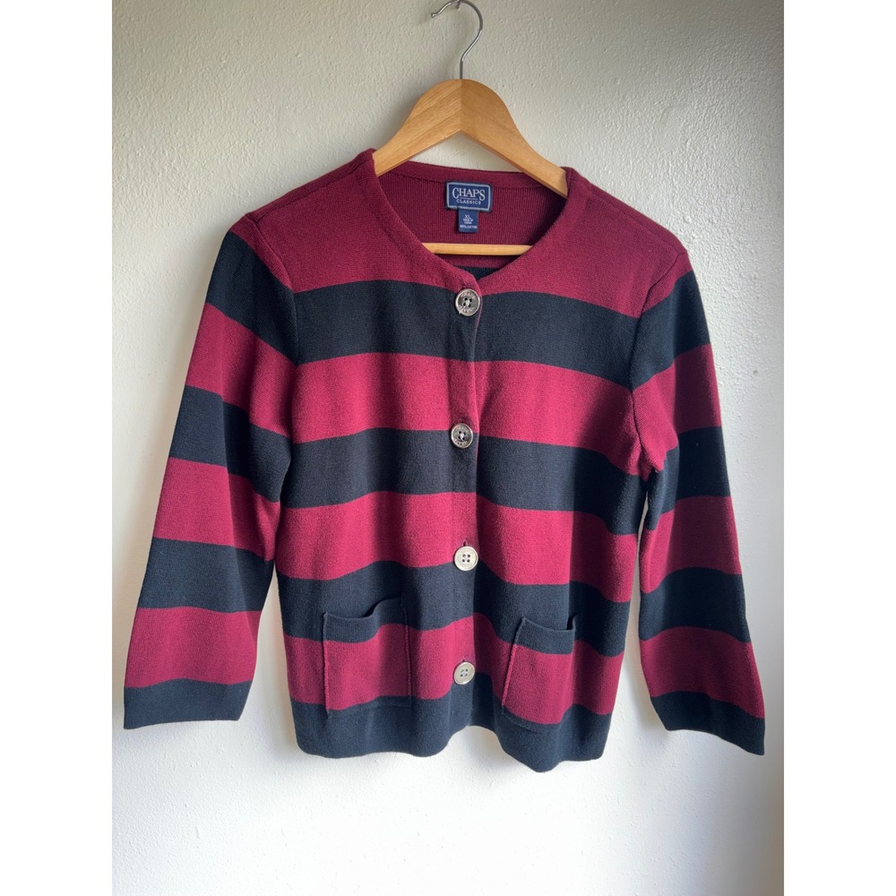 Chaps Classics Womens XL Burgundy Black Striped Cotton Cardigan Sweater